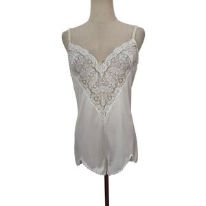 Vtg 80s Vassarette Satin Lace Teddy Romper‎ Slip Lingerie Bridal Sz 36 Ivory